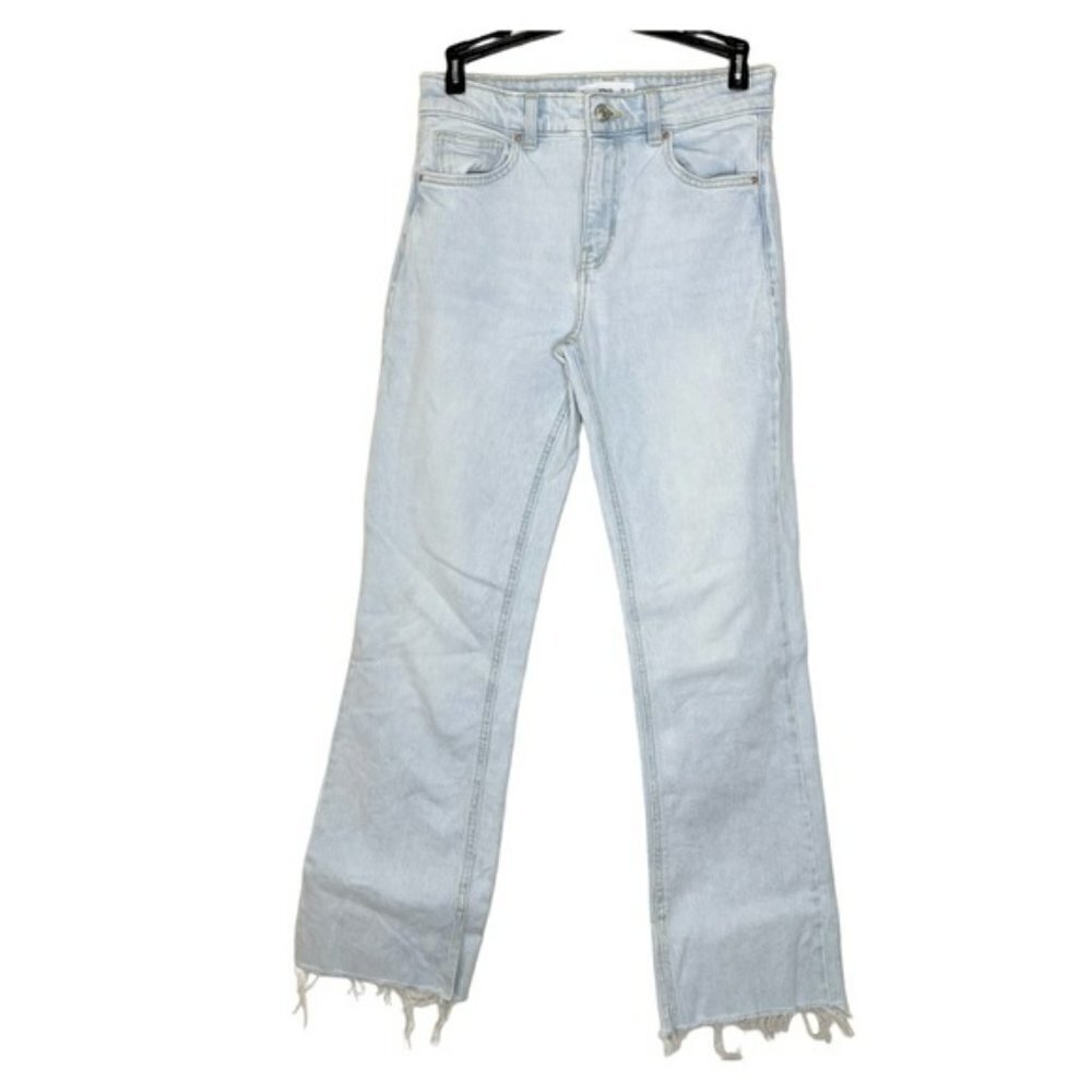 Mango Light Blue High Waist Wide Leg Raw Hem US 2
